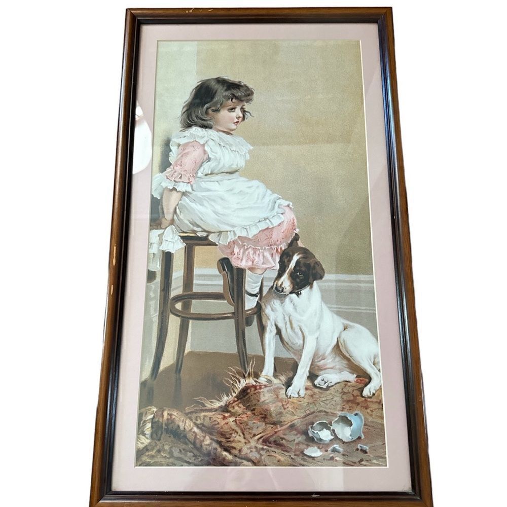 Victorian Lithograph Print Picture frame"Faithful Friend" Girl And Puppy Dog
